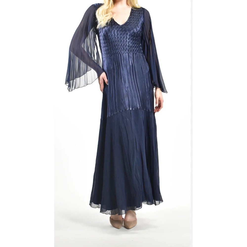 Komarov Navy Charmeuse Metallic Braided Pleated Maxi Dress Size M